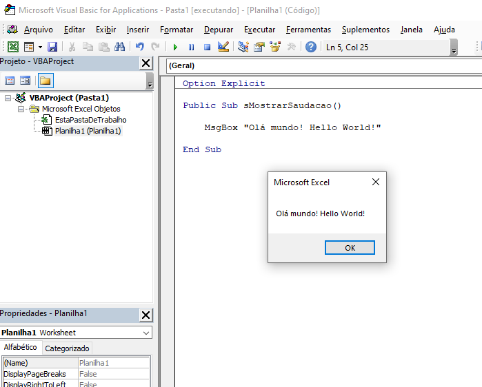Tela padrão do VBA, com um Olá Mundo!